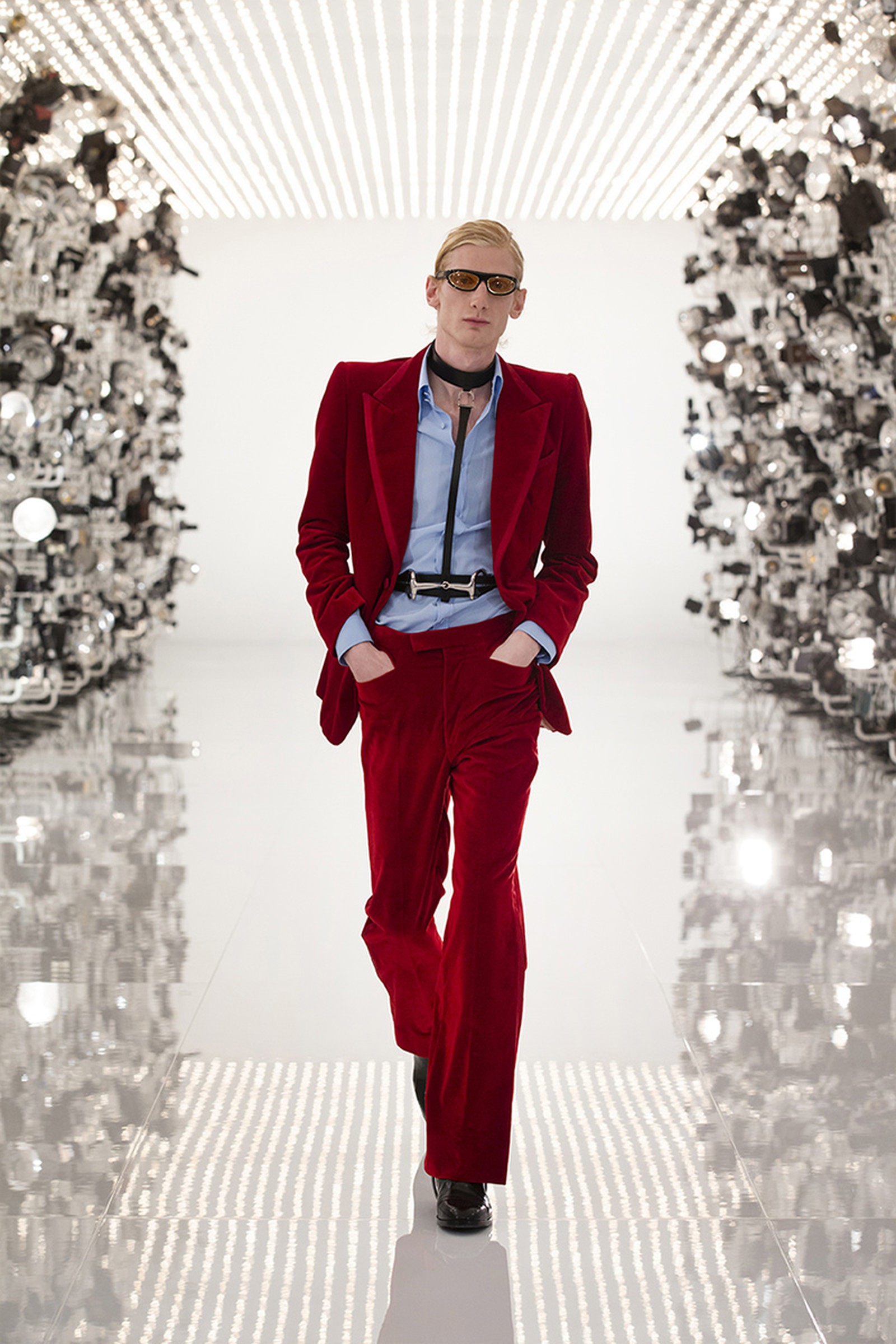 Gucci x Balenciaga first looks- red suits inspired by Tom Ford silhouette