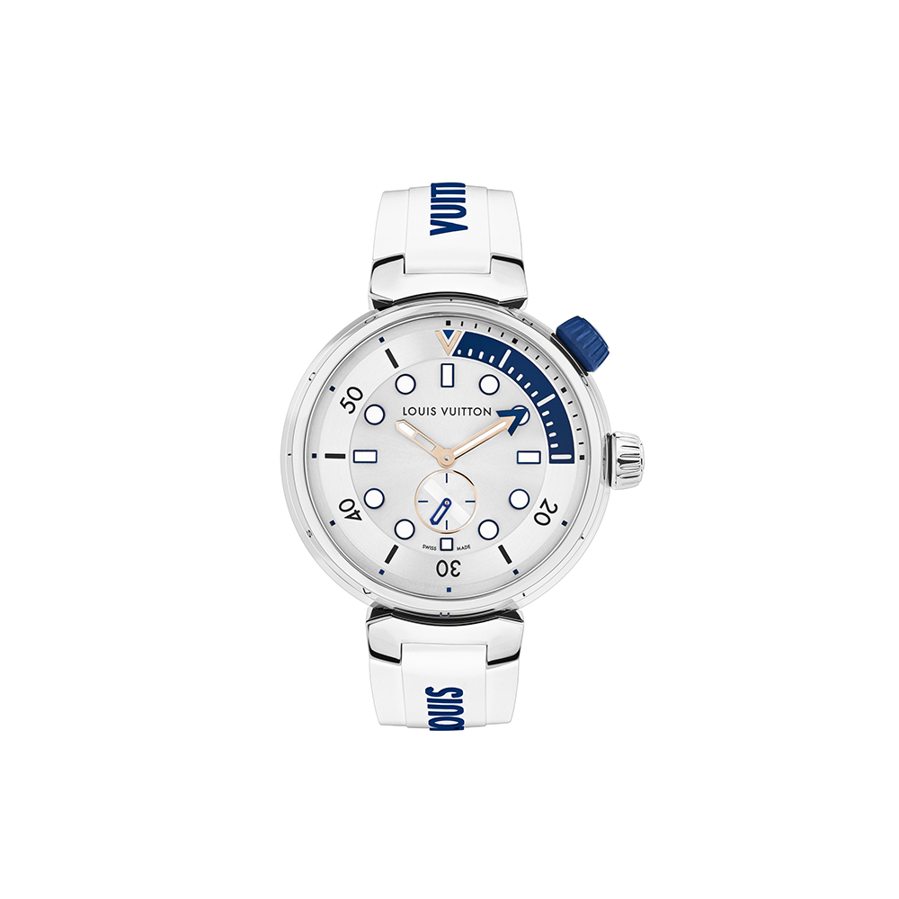 LV Tambour street diver front view in silver