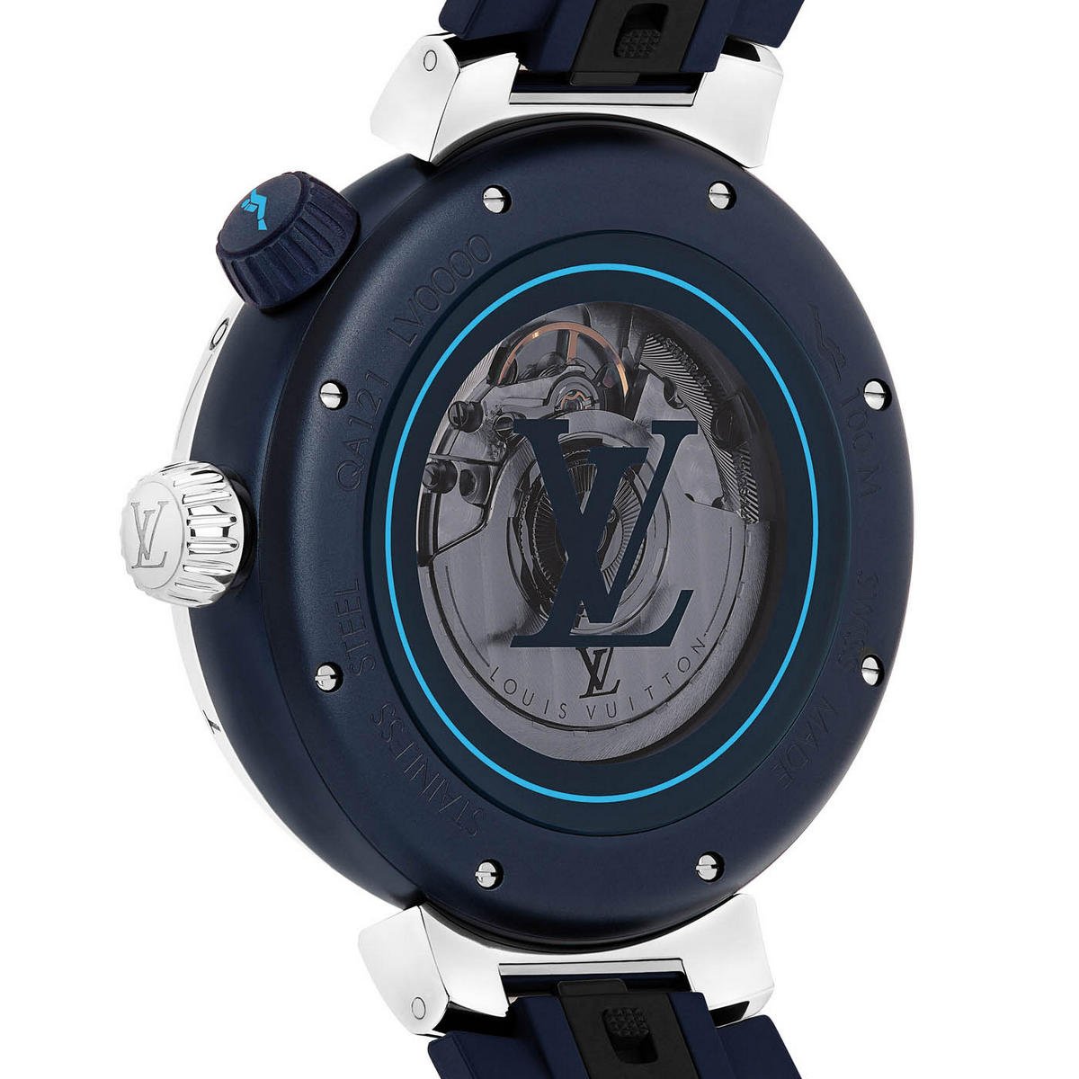 Louis Vuitton Tambour Street Diver Watch back view in blue