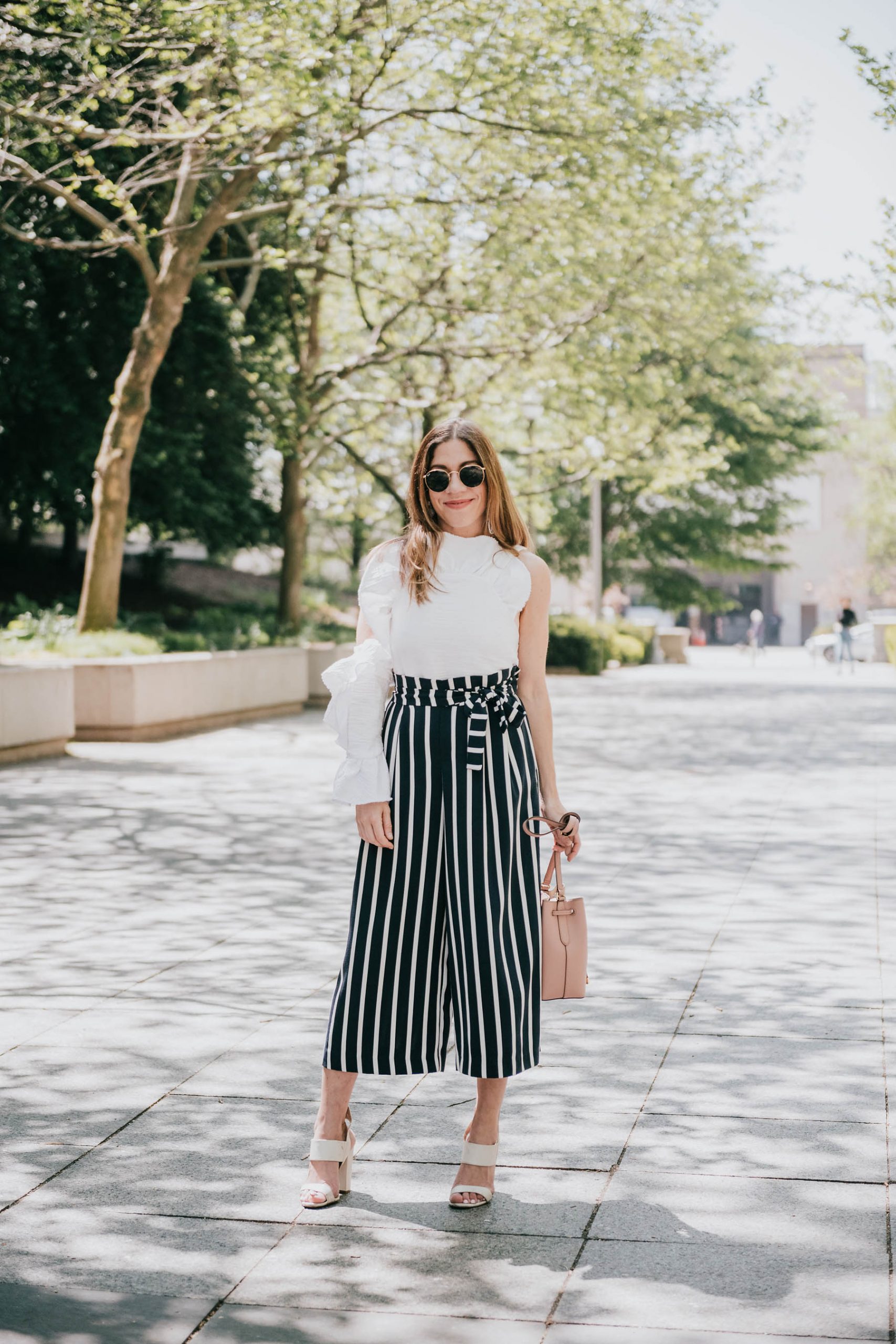 striped culottes pants with white blouse