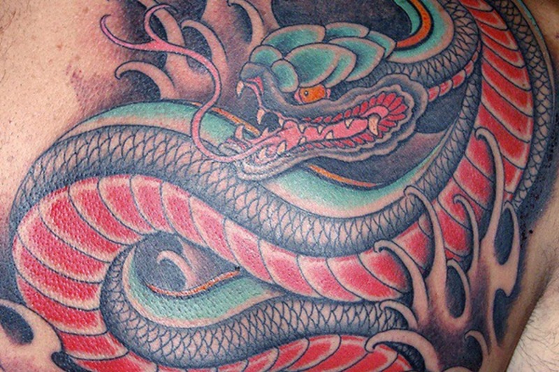 Hình xăm rắn Nhật cổ màu ở ngực